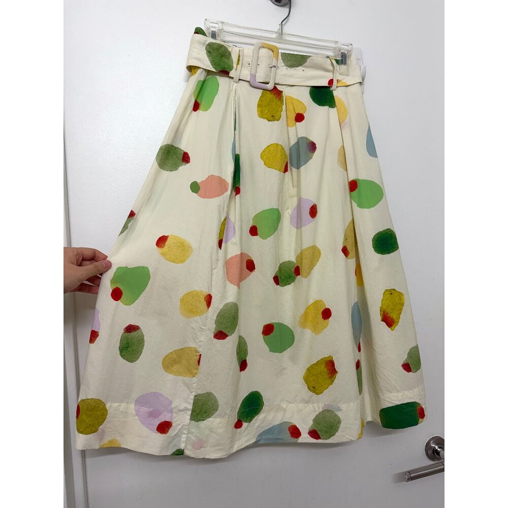 Rachel Antonoff Filthy Martini Olive Print Midi Vinnie Skirt Pleated Dots Belt M - Picture 5 of 14